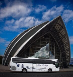 Travel in Scotland - Hire Society coach in front of the SEC Armadillo auditorium in Glasgow