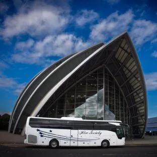 Travel in Scotland - Hire Society coach in front of the SEC Armadillo auditorium in Glasgow