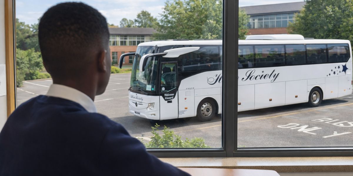 School bus hire in Glasgow – pupil looks at a modern Hire Society coach outside his school in Glasgow