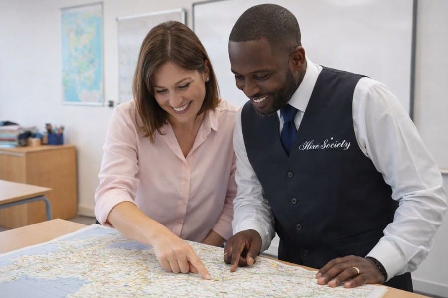 Teacher and Hire Society driver go over plan school bus trip on the map