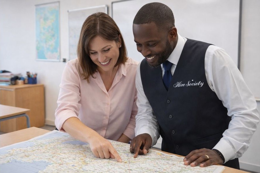 Teacher and Hire Society driver plan school bus trip on the map
