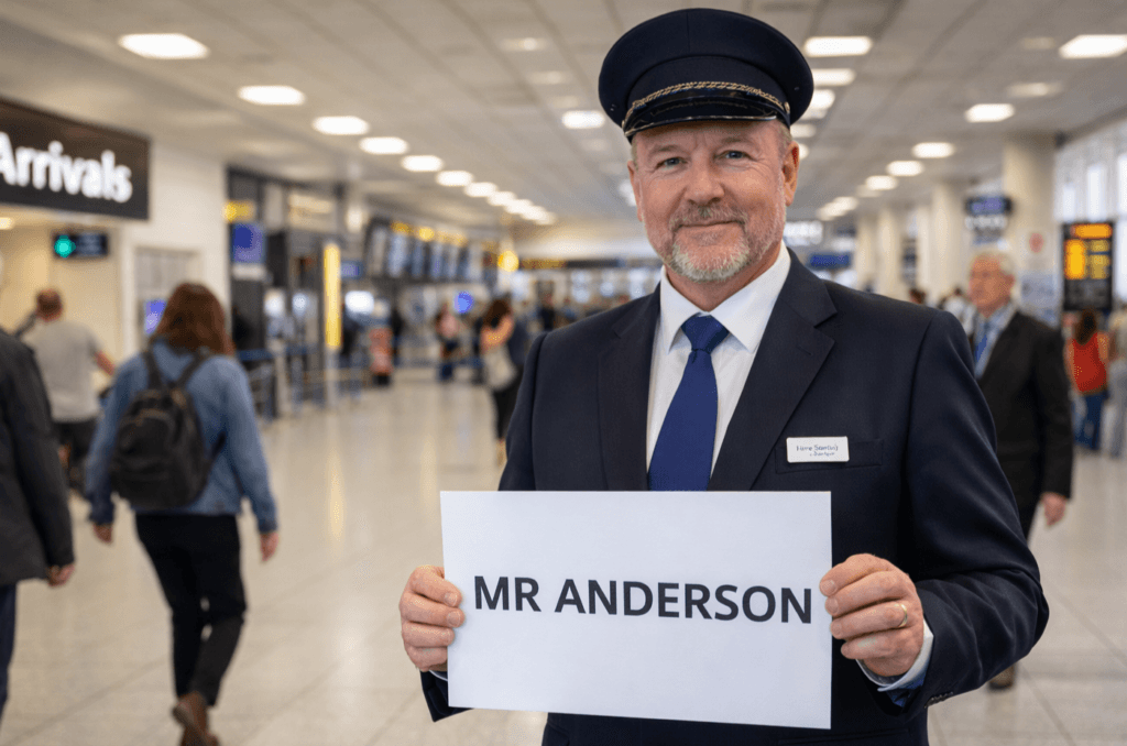 A professional coach driver holding a name board for Mr Anderson in an airport arrivals hall with group of passengers walking by