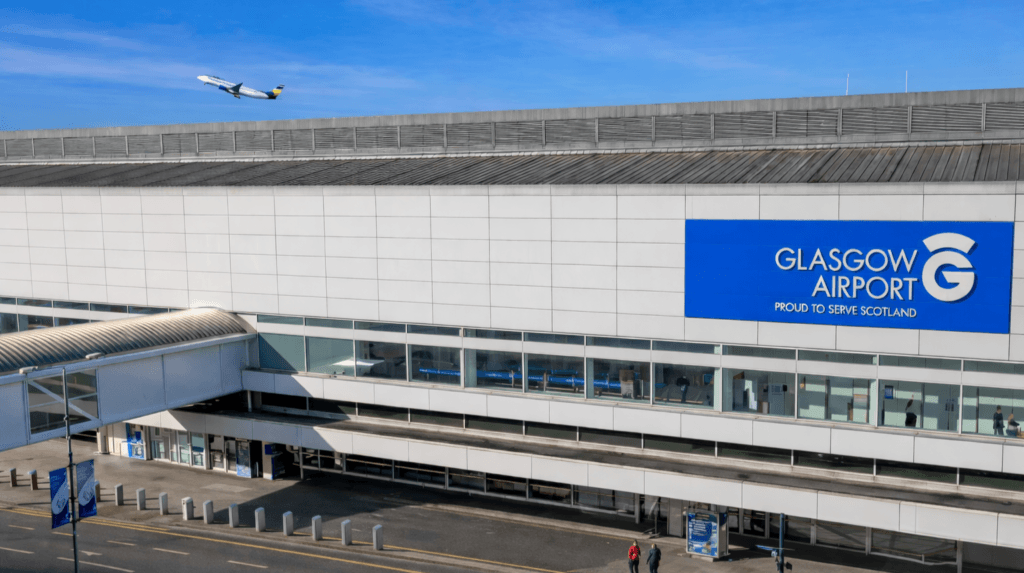 Glasgow Airport coach transfer, group transport arrival area at Scotland’s second busiest airport