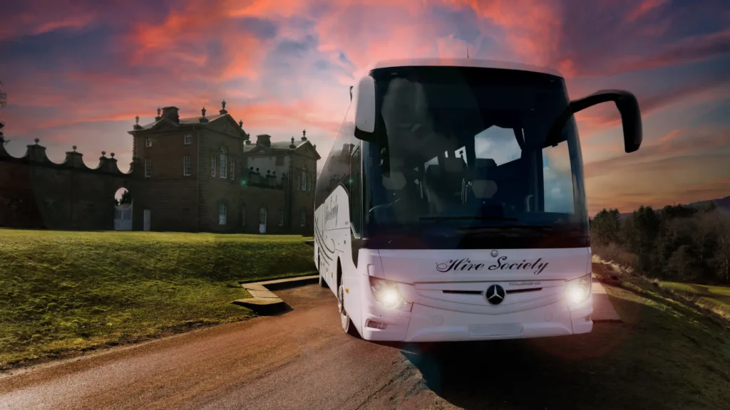 74 Seater Hire Society Coach with Lights on