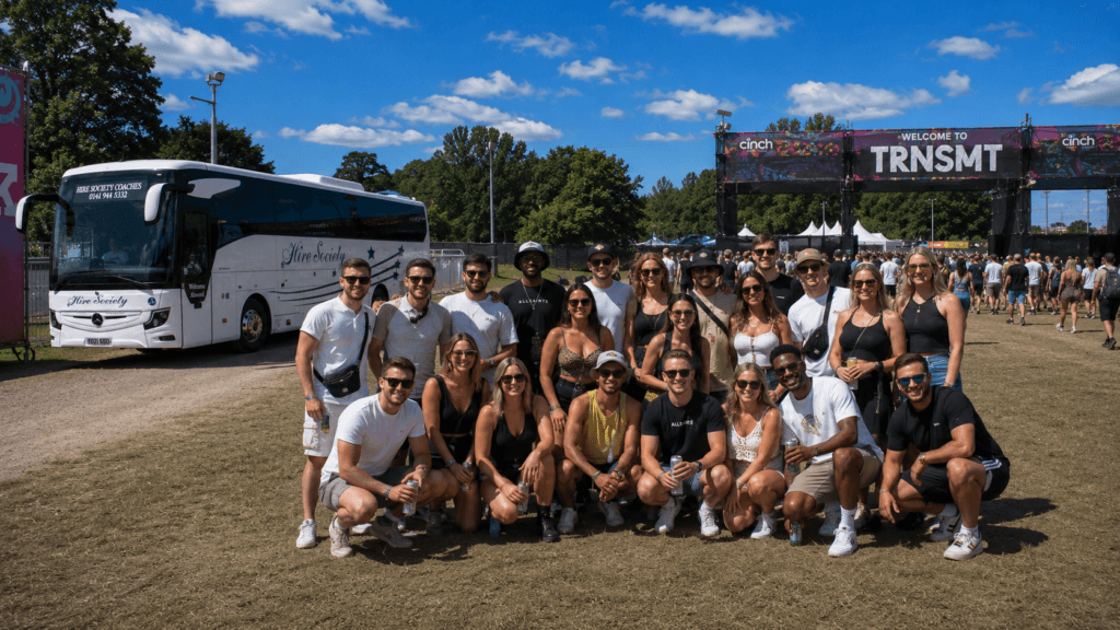 Booking coach hire for festivals, group departing by private coach for a concert in Glasgow