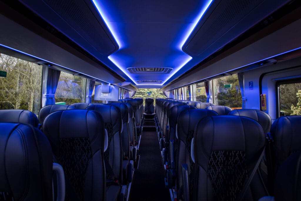 Yutong interior Lights in Private coach hire for concerts Scotland, group travelling together to a music event from Glasgow