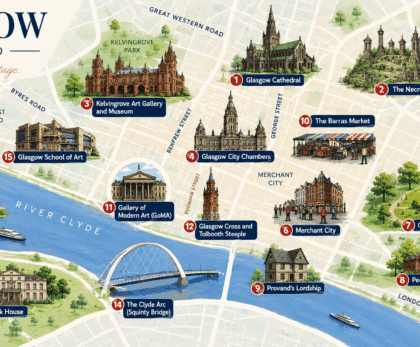 Glasgow tourist map showing 15 must-see attractions including Cathedral, museums and landmarks
