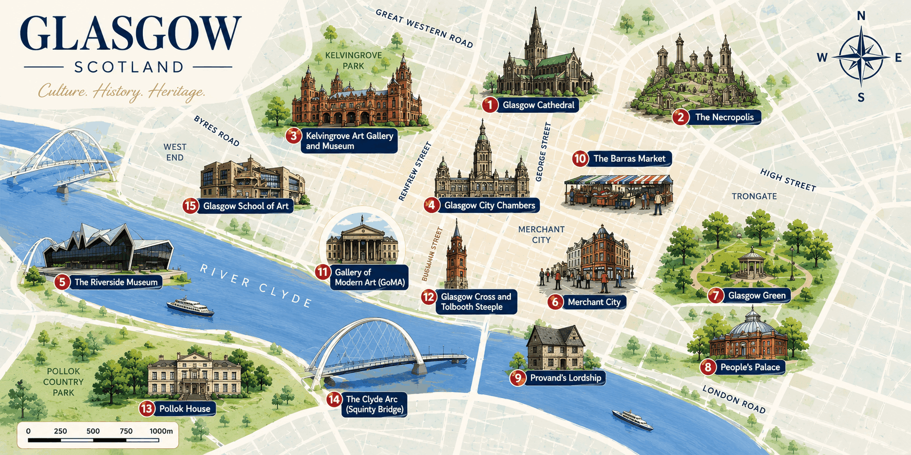 Glasgow tourist map showing 15 must-see attractions including Cathedral, museums and landmarks