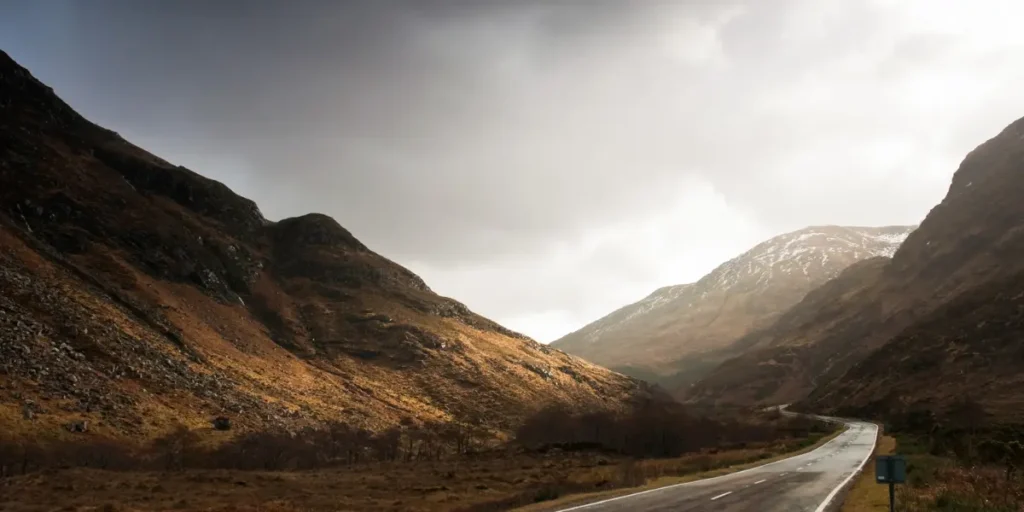 Glencoe Scottish Highlands, dramatic valley landscape with Buachaille Etive Mor, coach tour from Glasgow