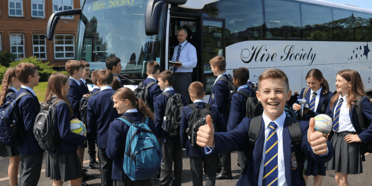 A school group boarding a coach with backpacks and sports kit. Coach hire for school trips and sports tours Scotland, safe group transport for pupils