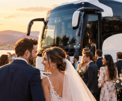 Wedding guest transport by coach across Scotland, guests boarding a private coach
