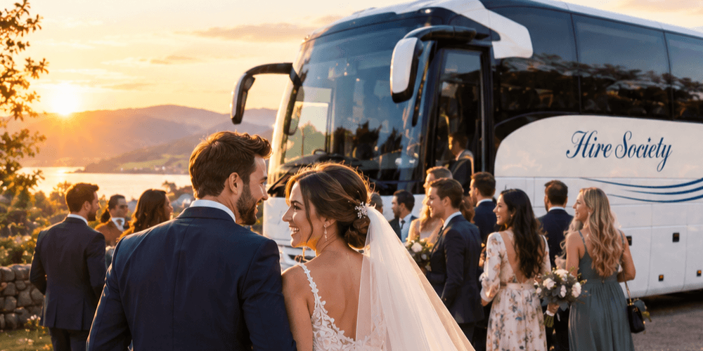 Wedding guest transport by coach across Scotland, guests boarding a private coach