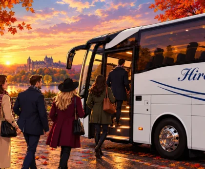 People boarding a Hire Society coach for Autumn events in Scotland