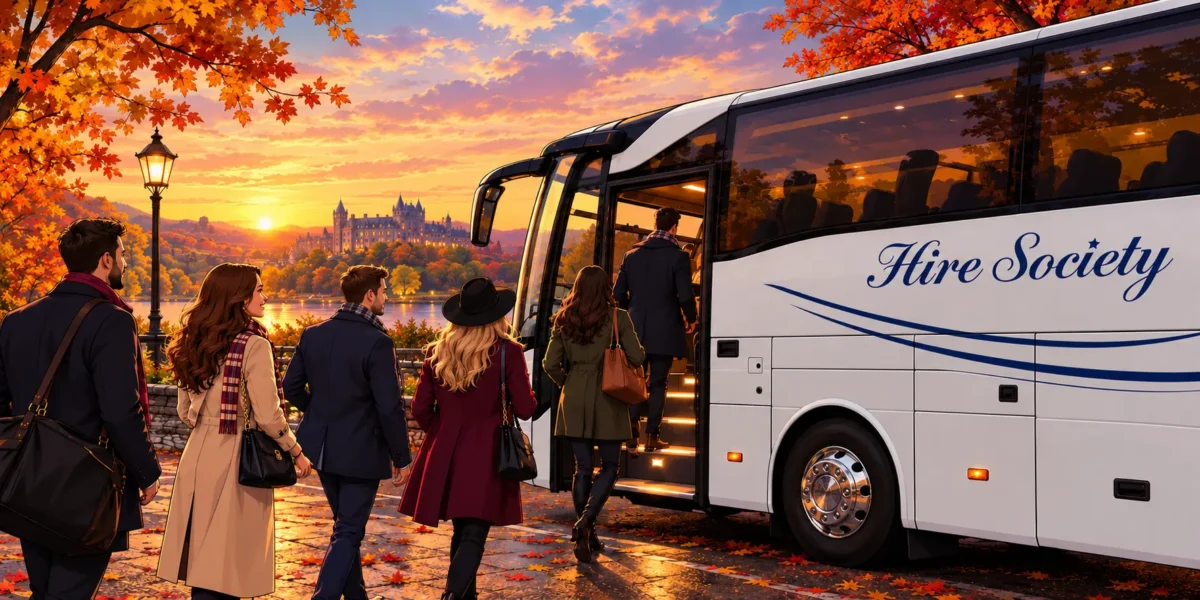 People boarding a Hire Society coach for Autumn events in Scotland
