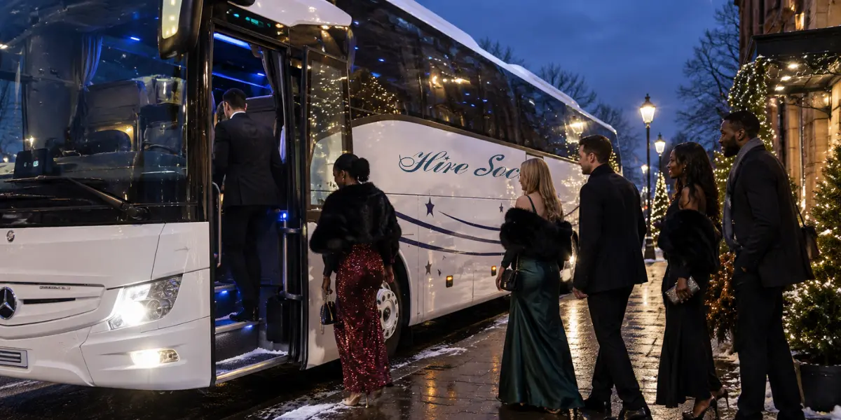 Christmas party coach hire Glasgow, private coach collecting a group from a festive venue at night