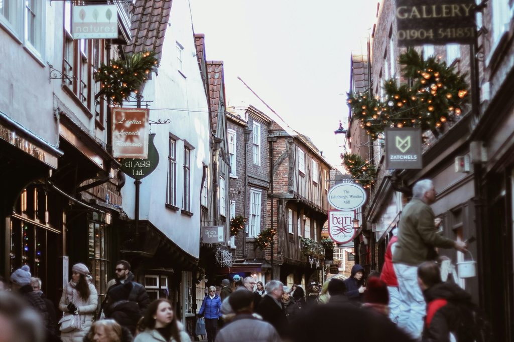Coach trip from Glasgow to York at Christmas, with festive shoppers on the Shambles
